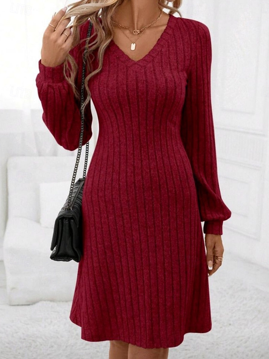 Women's Christmas Mini Sweater Dress – Casual V-Neck Long Sleeve Plain Dress for Fall & Winter, Sports & Outdoor Streetwear
