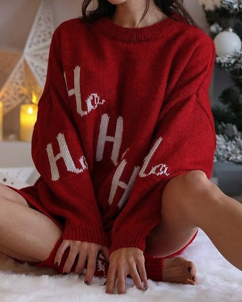 Women's Christmas Mini Sweater Dress – Poly-Cotton Linen Texture, Letter Print Long Sleeve Crew Neck, Modern Holiday Dress for Fall & Winter