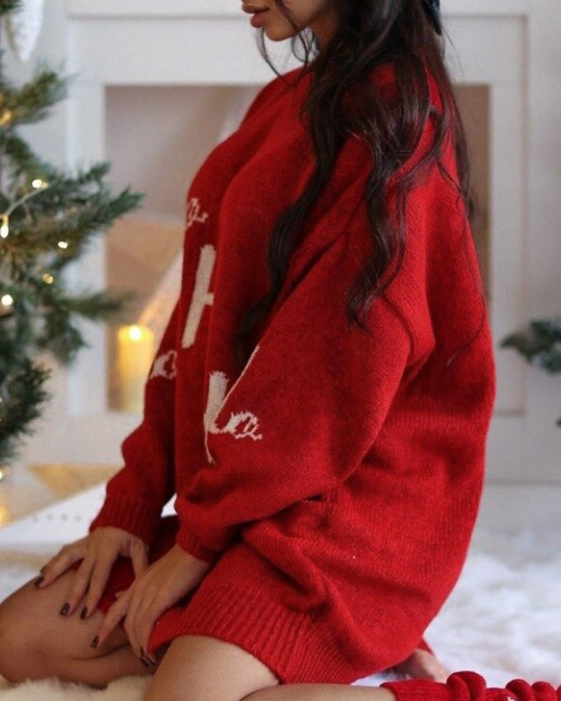 Women's Christmas Mini Sweater Dress – Poly-Cotton Linen Texture, Letter Print Long Sleeve Crew Neck, Modern Holiday Dress for Fall & Winter