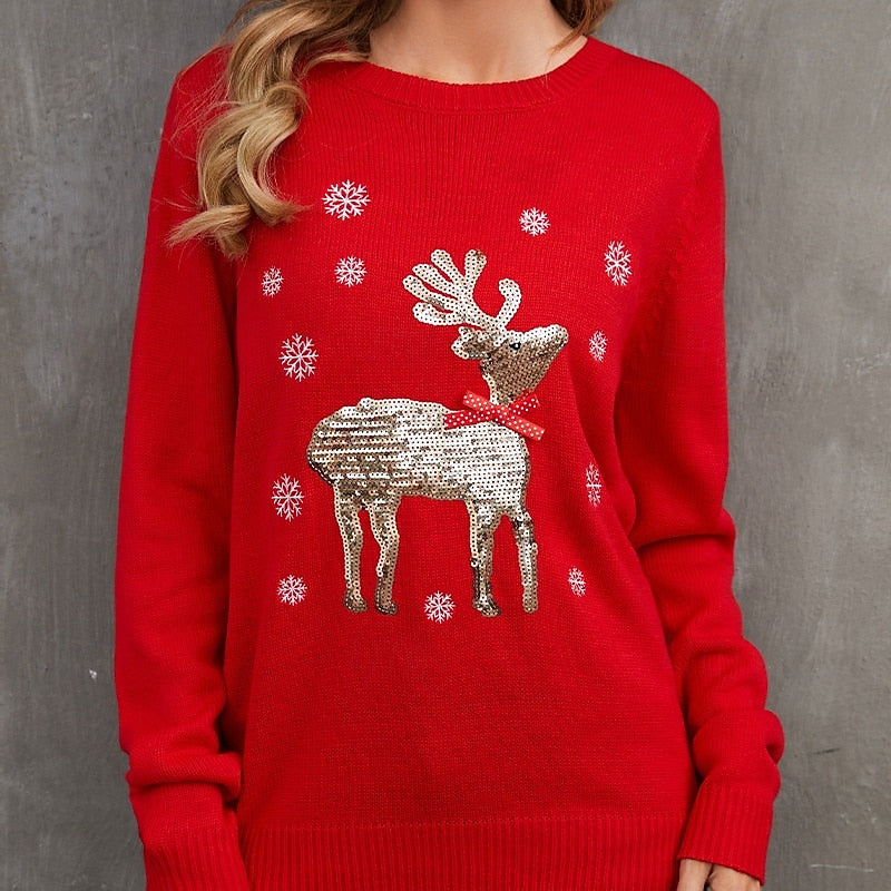 Women's Christmas Sweater Pullover – Reindeer & Snowflake Print, Ribbed Crew Neck Long Sleeve Knit Top for Holiday & Casual Winter Wear