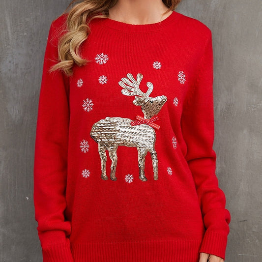 Women's Christmas Sweater Pullover – Reindeer & Snowflake Print, Ribbed Crew Neck Long Sleeve Knit Top for Holiday & Casual Winter Wear
