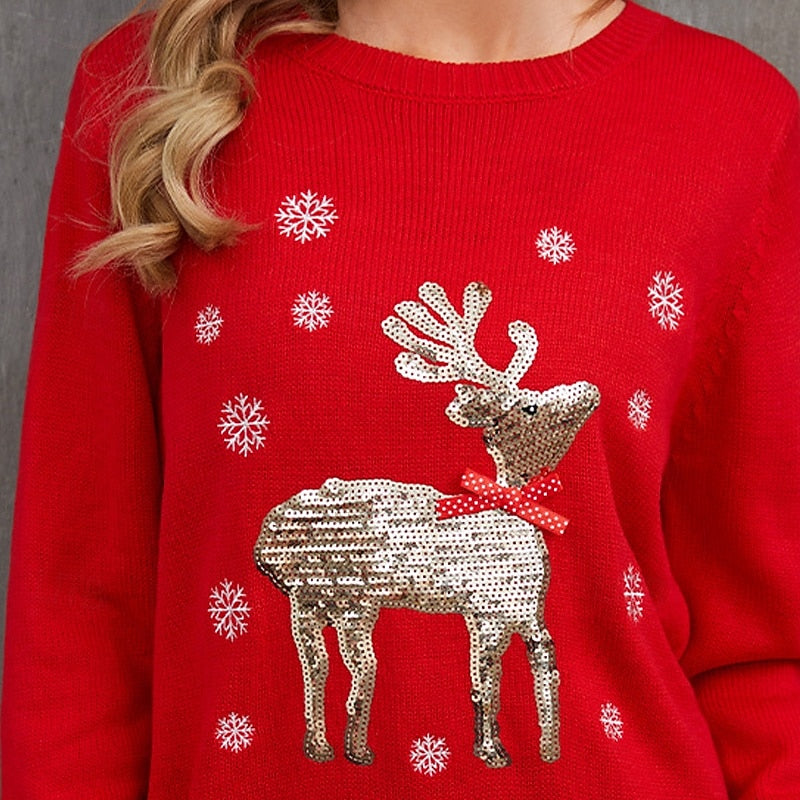 Women's Christmas Sweater Pullover – Reindeer & Snowflake Print, Ribbed Crew Neck Long Sleeve Knit Top for Holiday & Casual Winter Wear
