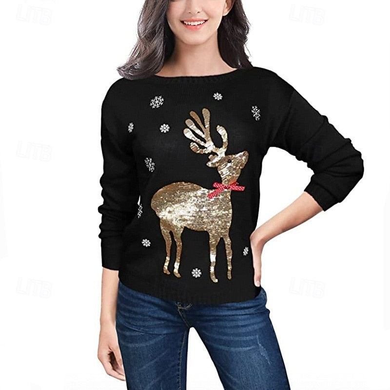 Women's Christmas Sweater Pullover – Reindeer & Snowflake Print, Ribbed Crew Neck Long Sleeve Knit Top for Holiday & Casual Winter Wear