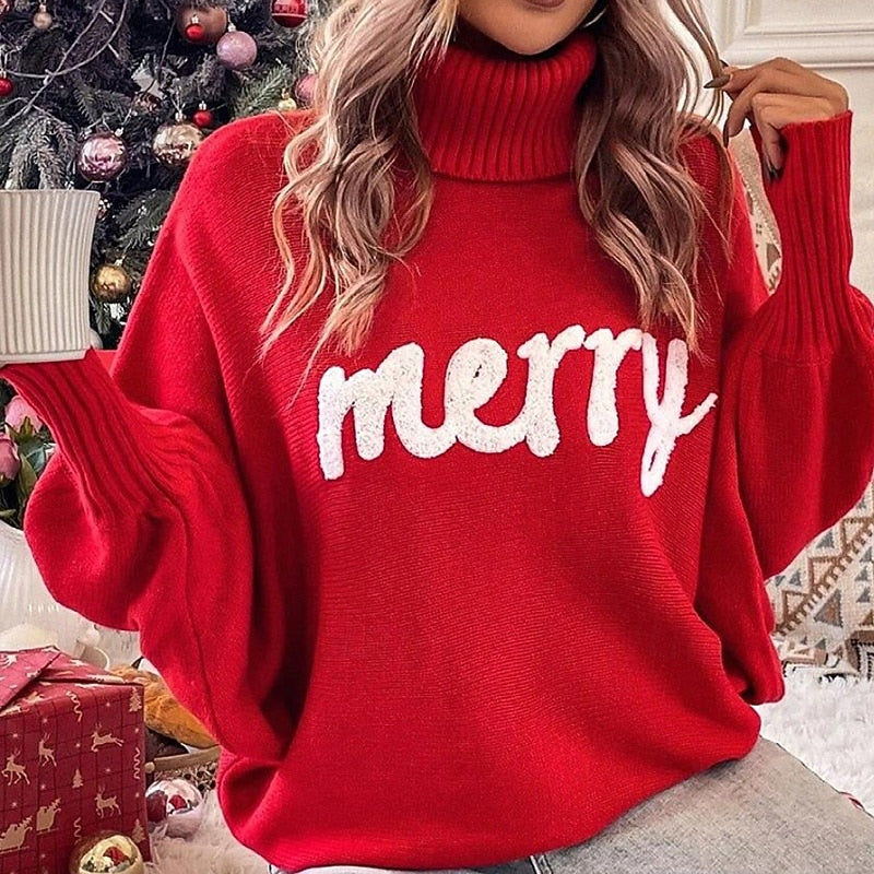 Women's Christmas Pullover Sweatshirt – Casual Batwing Sleeve Top, Letter Print Soft & Warm Holiday Athleisure, Sportswear & Activewear