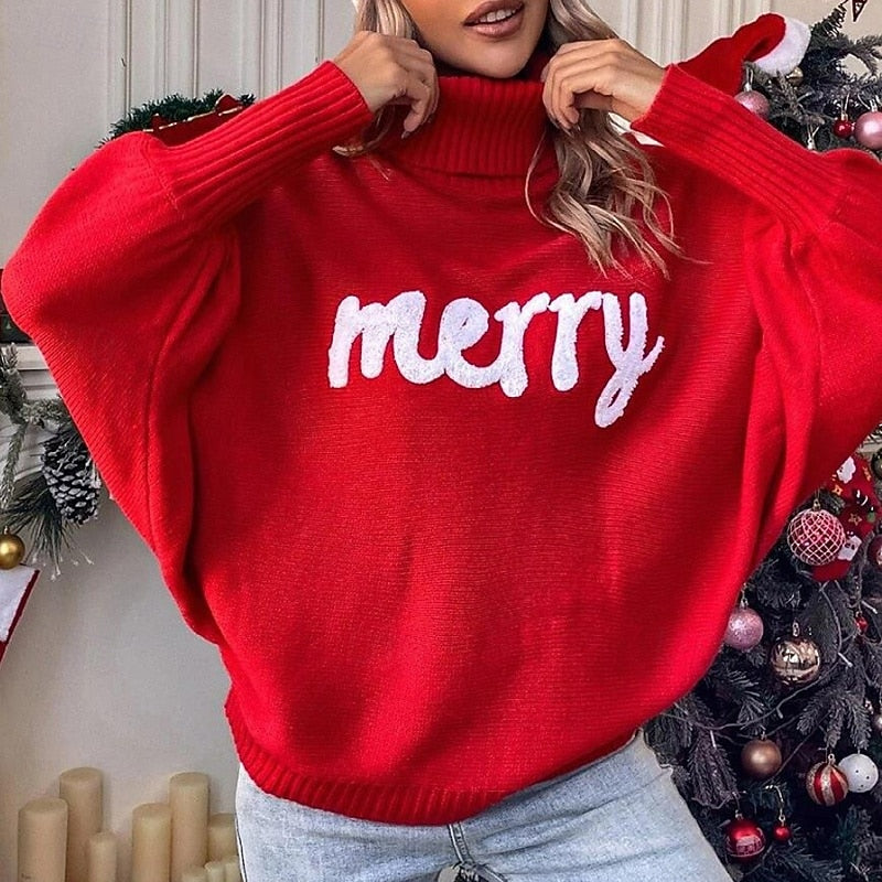 Women's Christmas Pullover Sweatshirt – Casual Batwing Sleeve Top, Letter Print Soft & Warm Holiday Athleisure, Sportswear & Activewear