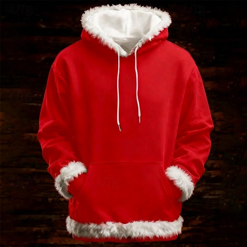 Men's Christmas Fleece Hoodie – Solid Color Pullover, Streetwear & Casual Outdoor Hooded Sweatshirt for Fall & Winter