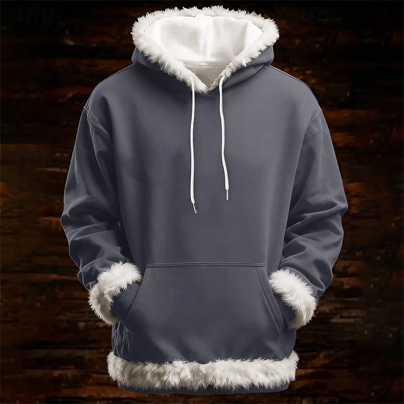 Men's Christmas Fleece Hoodie – Solid Color Pullover, Streetwear & Casual Outdoor Hooded Sweatshirt for Fall & Winter