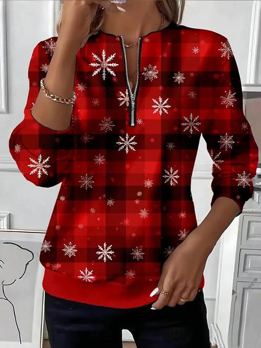 Women's Christmas Graphic Zip-Up Pullover Sweatshirt – Casual Fashion Long Sleeve Crew Neck Zipper Top for Daily & Street Wear