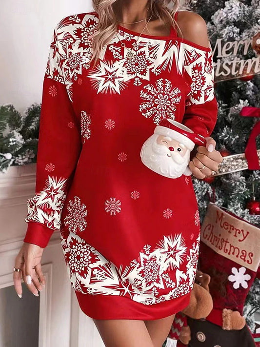 Christmas Women's Santa Claus Snowflake Mini Dress, Cold Shoulder Long Sleeve Shift Dress, Holiday Party Vacation Casual Outfit