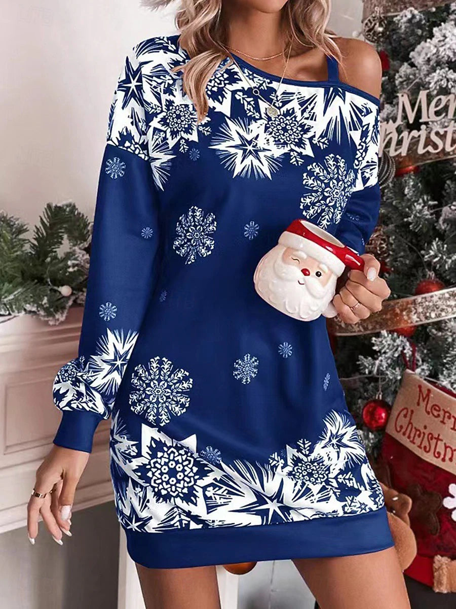 Christmas Women's Santa Claus Snowflake Mini Dress, Cold Shoulder Long Sleeve Shift Dress, Holiday Party Vacation Casual Outfit