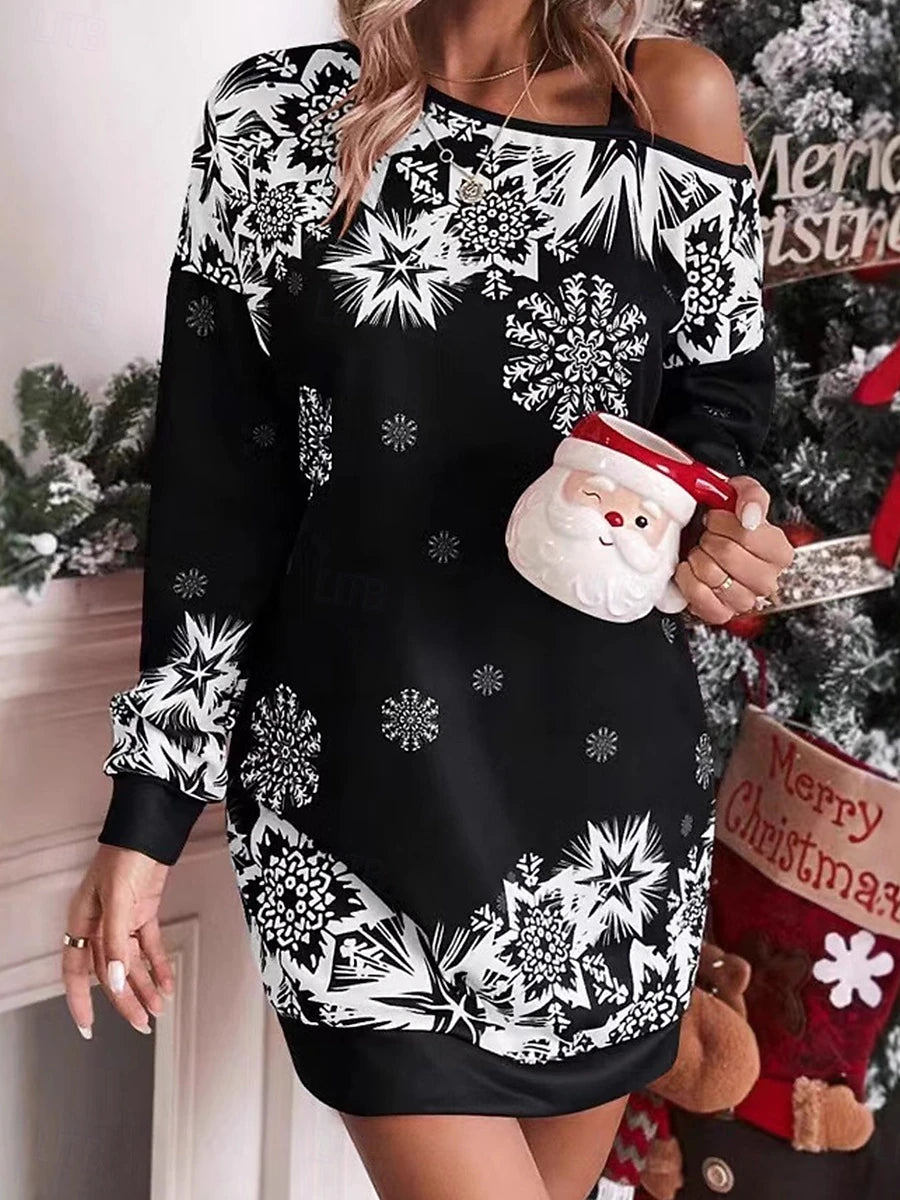 Christmas Women's Santa Claus Snowflake Mini Dress, Cold Shoulder Long Sleeve Shift Dress, Holiday Party Vacation Casual Outfit