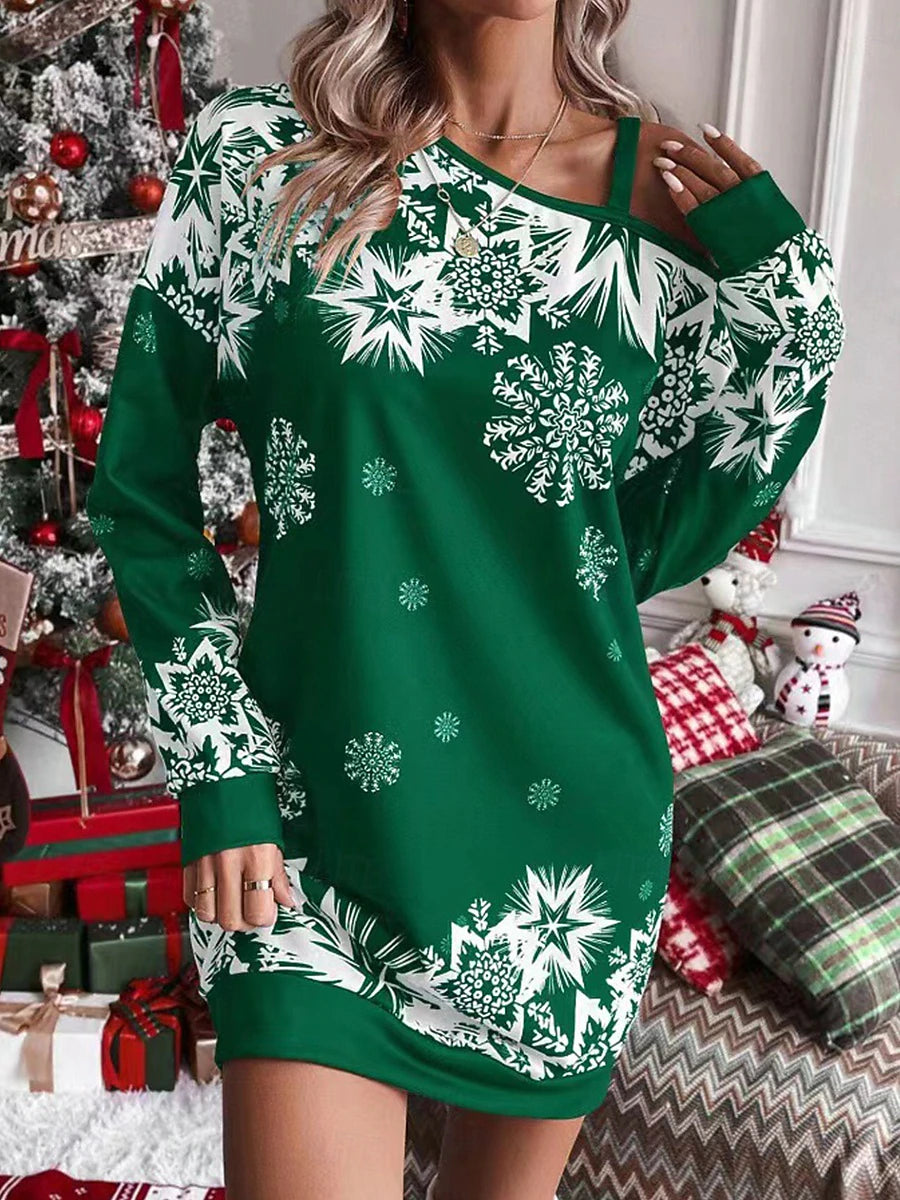 Christmas Women's Santa Claus Snowflake Mini Dress, Cold Shoulder Long Sleeve Shift Dress, Holiday Party Vacation Casual Outfit