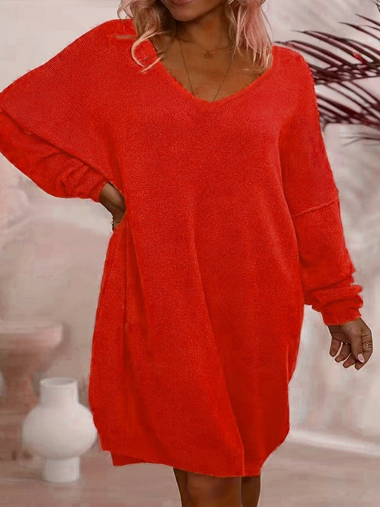 Women's Fuzzy V-Neck Sweater Dress Knitted Long Sleeve Casual Dailywear Christmas Red Fall Winter