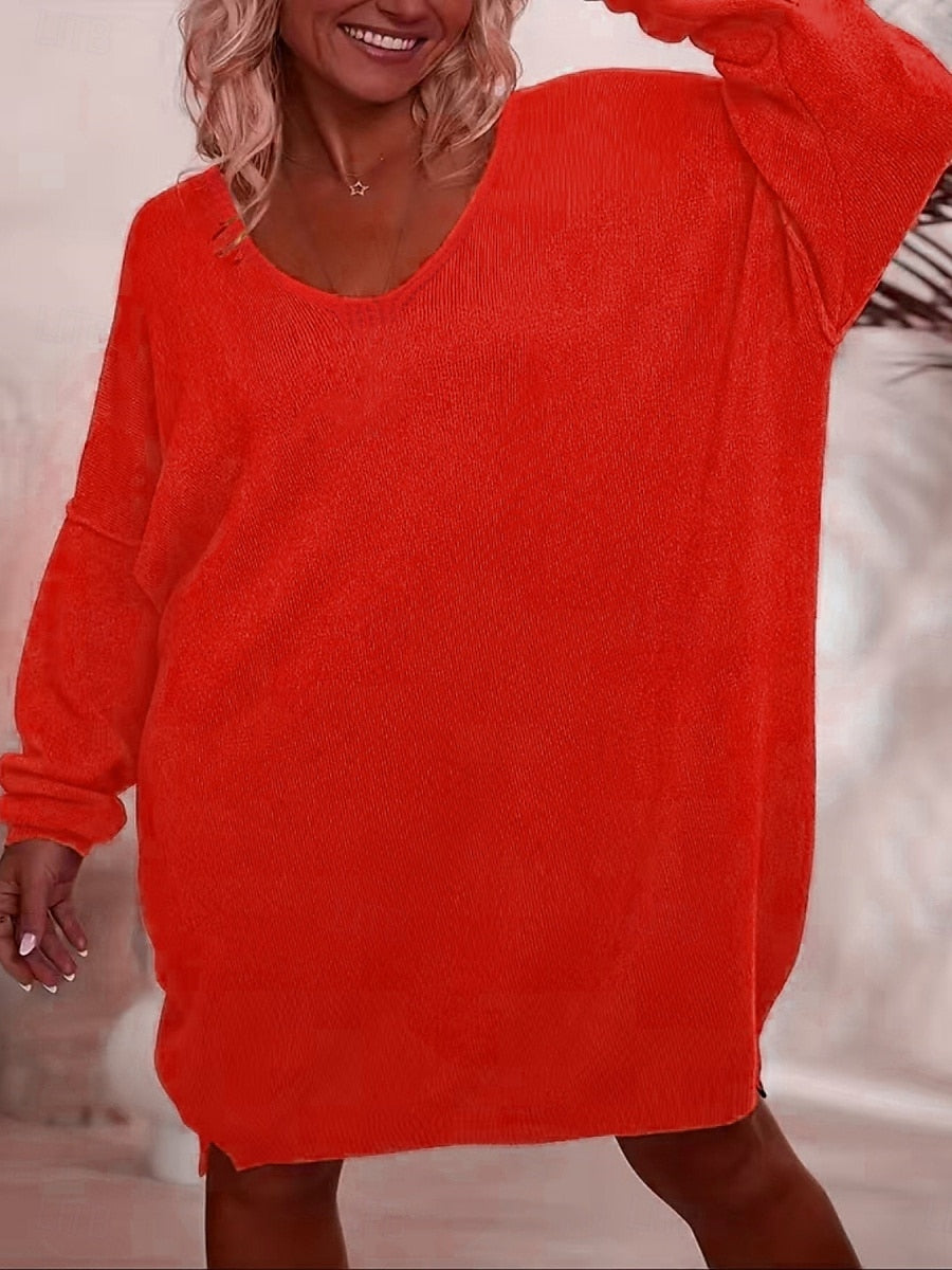 Women's Fuzzy V-Neck Sweater Dress Knitted Long Sleeve Casual Dailywear Christmas Red Fall Winter