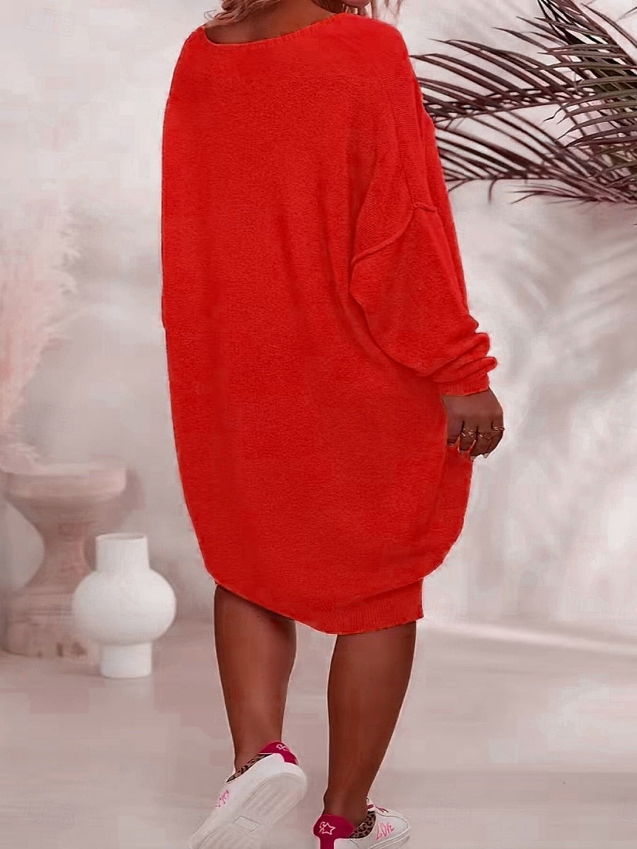 Women's Fuzzy V-Neck Sweater Dress Knitted Long Sleeve Casual Dailywear Christmas Red Fall Winter