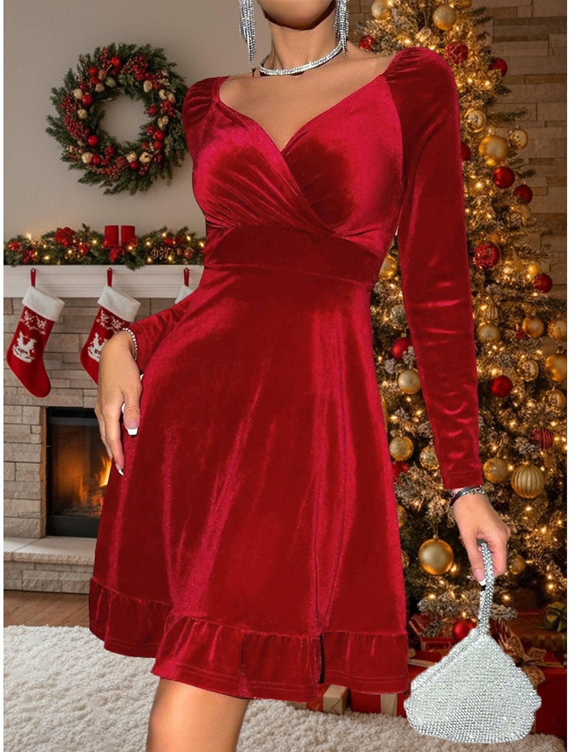 Women's Velvet Midi Dress – Elegant V-Neck Long Sleeve Cocktail Party Dress, Christmas & Holiday Fashion