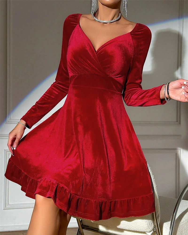 Women's Velvet Midi Dress – Elegant V-Neck Long Sleeve Cocktail Party Dress, Christmas & Holiday Fashion