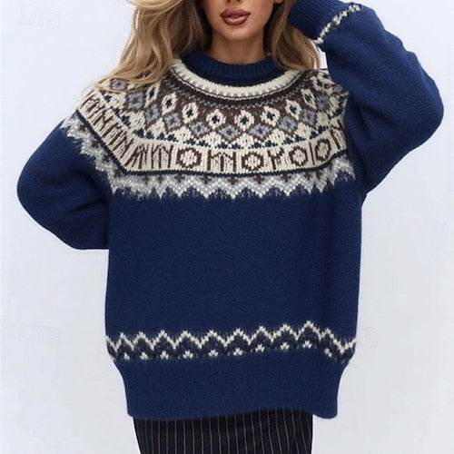 Women's Geometric Print Sweater Pullover – Casual Knit Long Sleeve Crew Neck Top for Christmas & Daily Wear