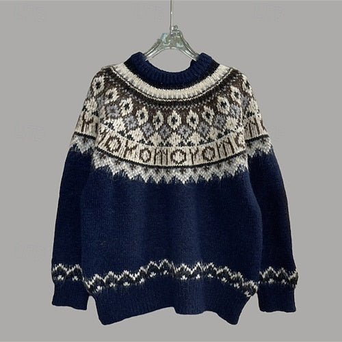 Women's Geometric Print Sweater Pullover – Casual Knit Long Sleeve Crew Neck Top for Christmas & Daily Wear