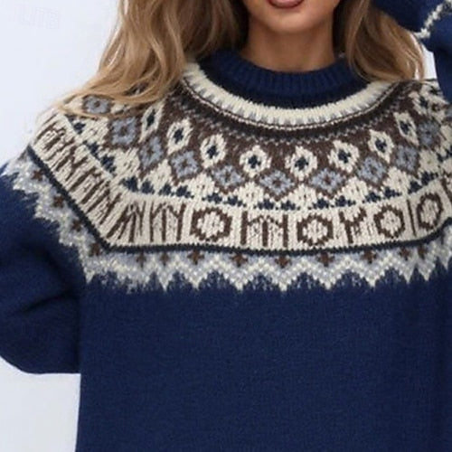 Women's Geometric Print Sweater Pullover – Casual Knit Long Sleeve Crew Neck Top for Christmas & Daily Wear