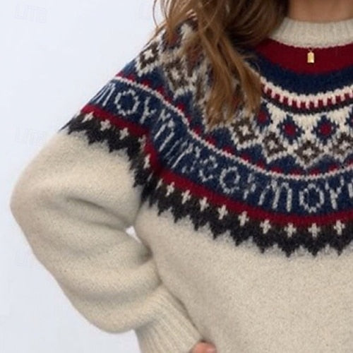 Women's Geometric Print Sweater Pullover – Casual Knit Long Sleeve Crew Neck Top for Christmas & Daily Wear