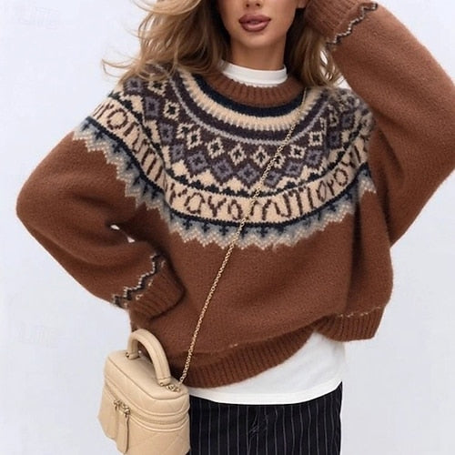 Women's Geometric Print Sweater Pullover – Casual Knit Long Sleeve Crew Neck Top for Christmas & Daily Wear