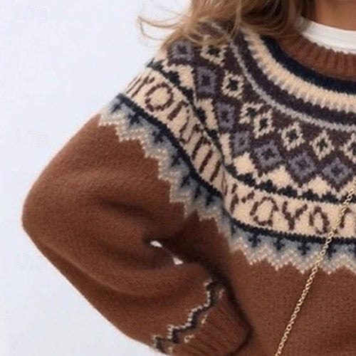 Women's Geometric Print Sweater Pullover – Casual Knit Long Sleeve Crew Neck Top for Christmas & Daily Wear