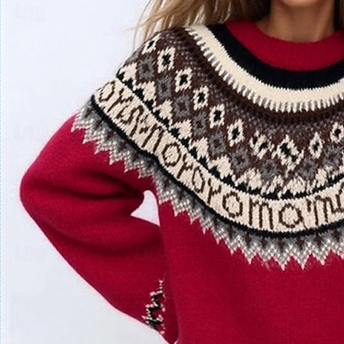 Women's Geometric Print Sweater Pullover – Casual Knit Long Sleeve Crew Neck Top for Christmas & Daily Wear