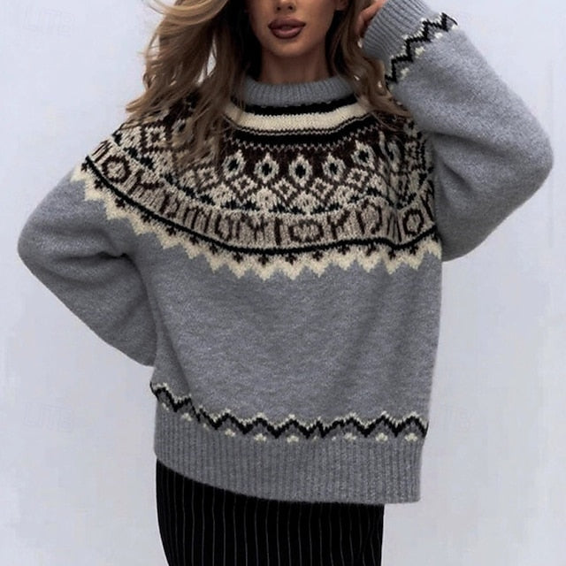 Women's Geometric Print Sweater Pullover – Casual Knit Long Sleeve Crew Neck Top for Christmas & Daily Wear