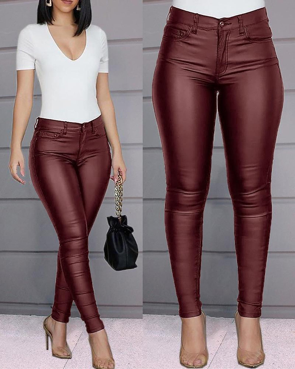 Women's Skinny Leather Pants – Ankle-Length Slim Fit Trousers with Side Pockets, Stretchy Tummy Control & Butt Lift