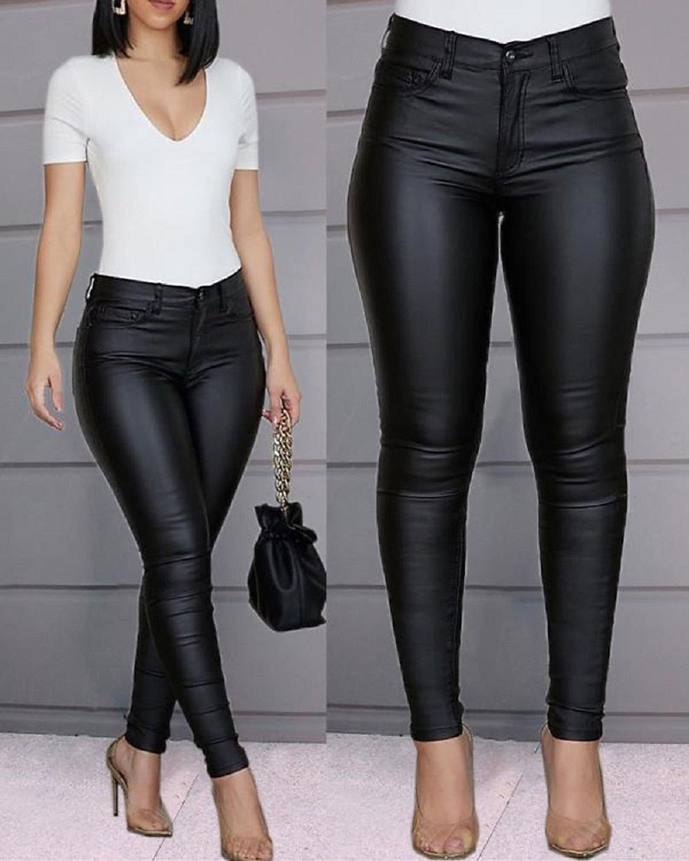 Women's Skinny Leather Pants – Ankle-Length Slim Fit Trousers with Side Pockets, Stretchy Tummy Control & Butt Lift
