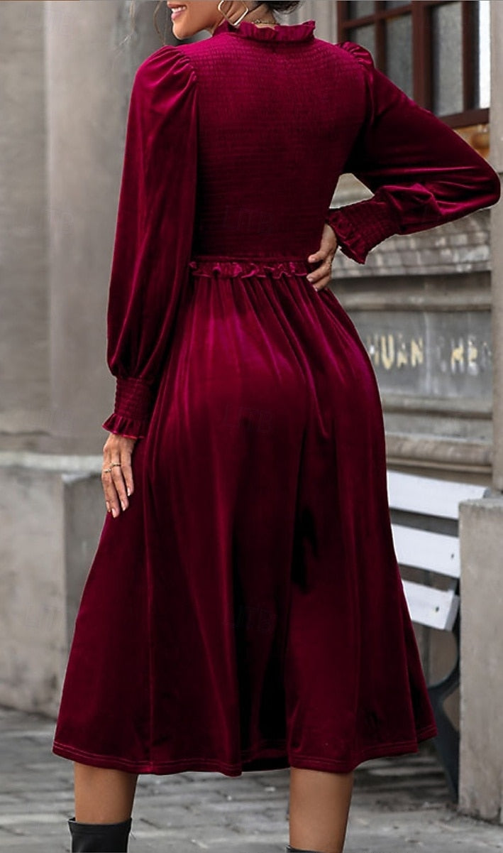 Women's Velvet Maxi Dress – Burgundy Long Sleeve V-Neck Bohemian Evening Party Dress, Elastic Waist, Elegant Fall Winter Apparel
