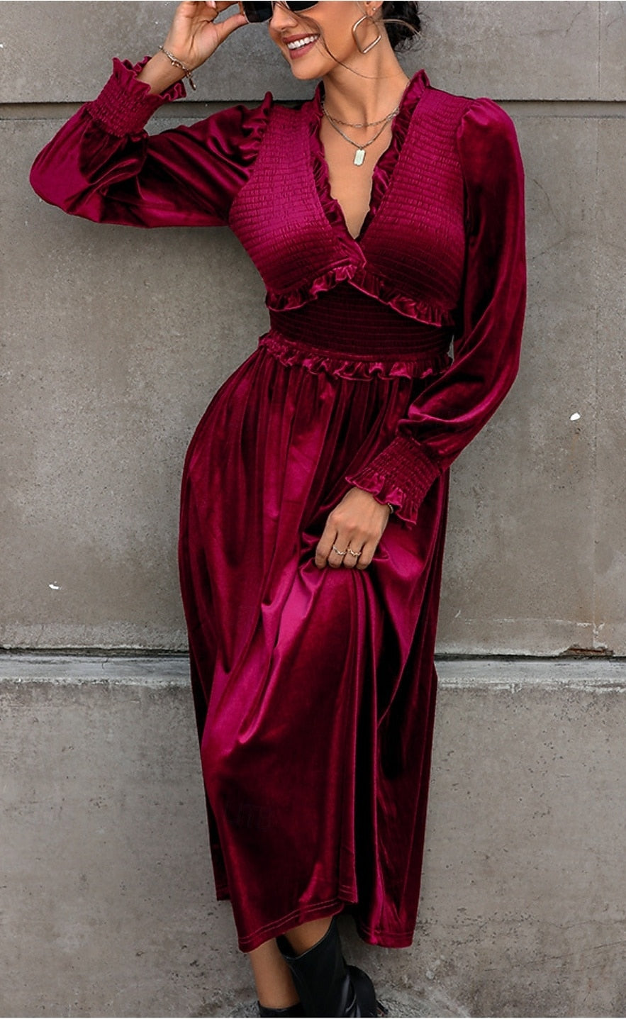 Women's Velvet Maxi Dress – Burgundy Long Sleeve V-Neck Bohemian Evening Party Dress, Elastic Waist, Elegant Fall Winter Apparel