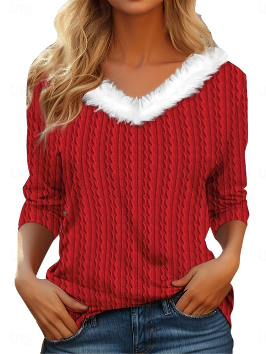 Christmas Women's V-Neck Blouse Casual Long Sleeve Patchwork Print Tops