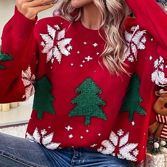 Women's Christmas Fair Isle Sweater Pullover – Elegant Knit Crew Neck with Christmas Tree Print, Long Sleeve Casual Tops