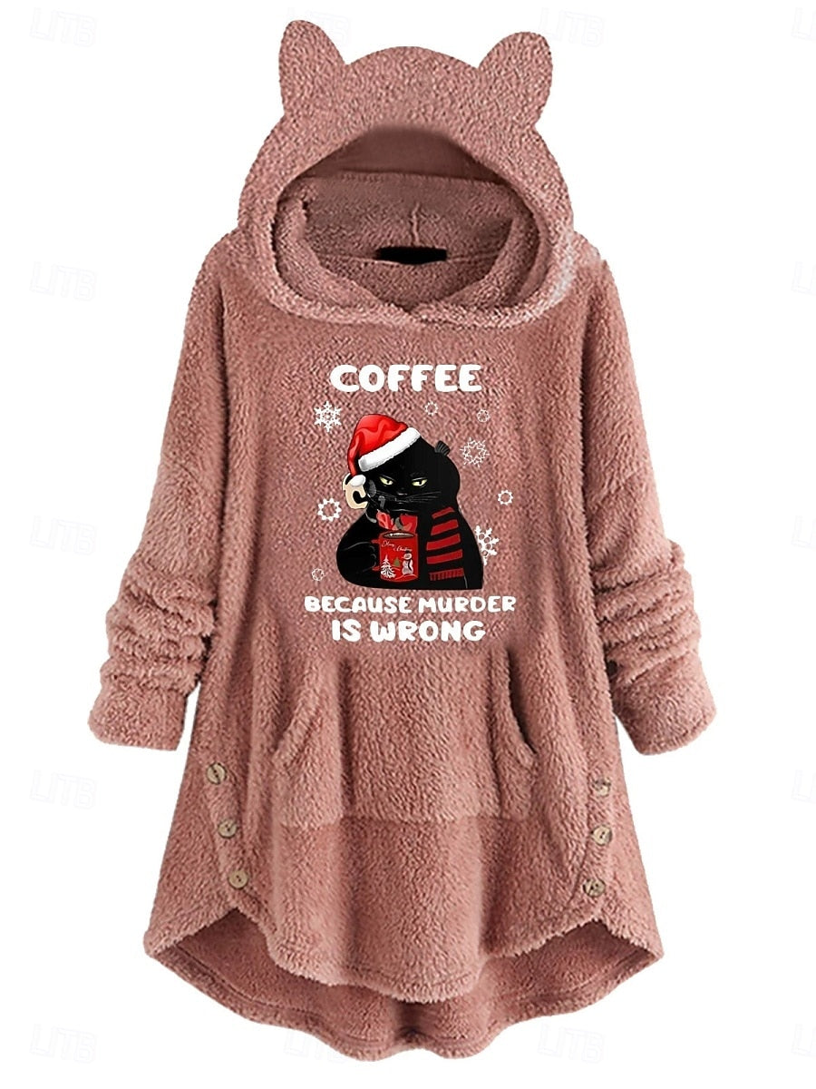 Women's Christmas Cat Hoodie Pullover Sweatshirt – Casual Long Sleeve Hooded Top