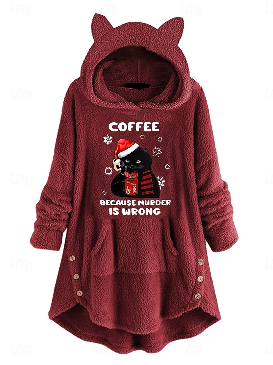 Women's Christmas Cat Hoodie Pullover Sweatshirt – Casual Long Sleeve Hooded Top