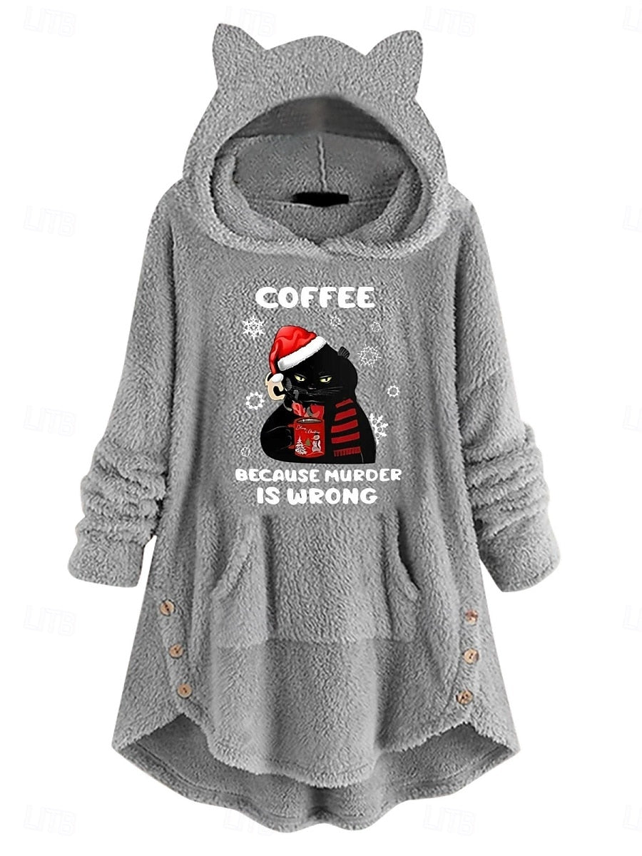 Women's Christmas Cat Hoodie Pullover Sweatshirt – Casual Long Sleeve Hooded Top