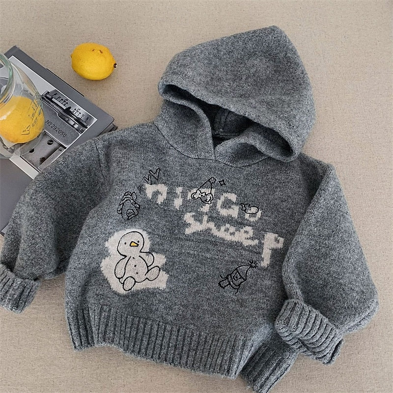 Kids Boys' Graphic Pullover Sweater, Long Sleeve, Warm Outdoor Fashion Top, Gray, Fall/Winter, 4 Years+