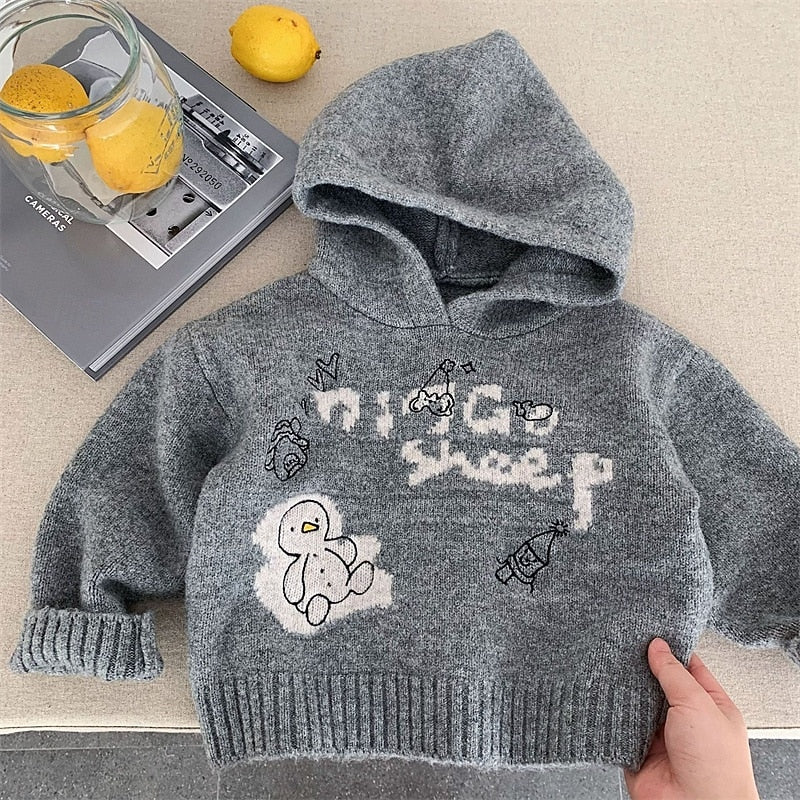 Kids Boys' Graphic Pullover Sweater, Long Sleeve, Warm Outdoor Fashion Top, Gray, Fall/Winter, 4 Years+