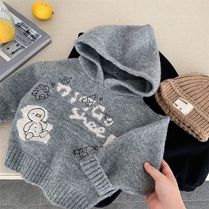 Kids Boys' Graphic Pullover Sweater, Long Sleeve, Warm Outdoor Fashion Top, Gray, Fall/Winter, 4 Years+