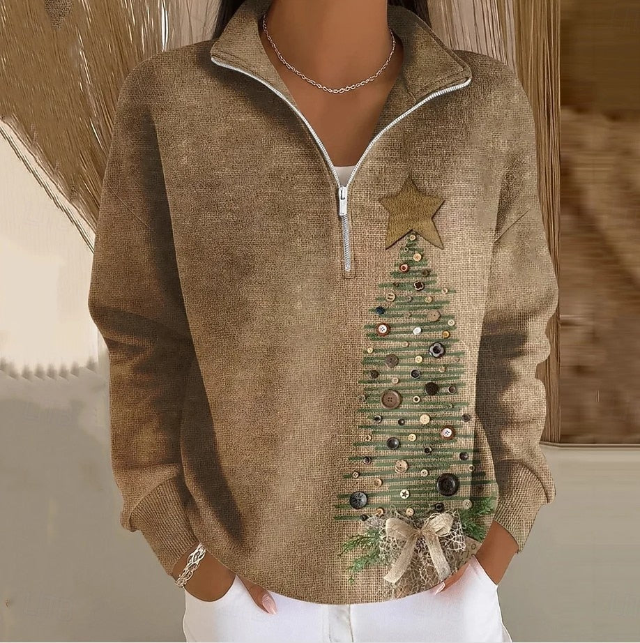 Women's Christmas Tree Snowflake Half-Zip Pullover Sweatshirt – Casual Graphic Long Sleeve Winter Tops