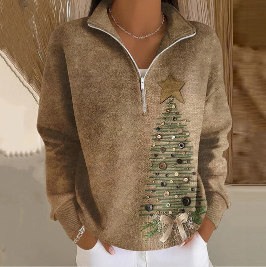 Women's Christmas Tree Snowflake Half-Zip Pullover Sweatshirt – Casual Graphic Long Sleeve Winter Tops