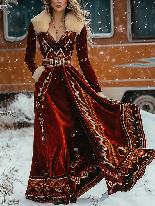 Women's Christmas Velvet A-Line Maxi Dress – V-Neck Long Sleeve Ethnic Style Casual Daily Wear for Fall