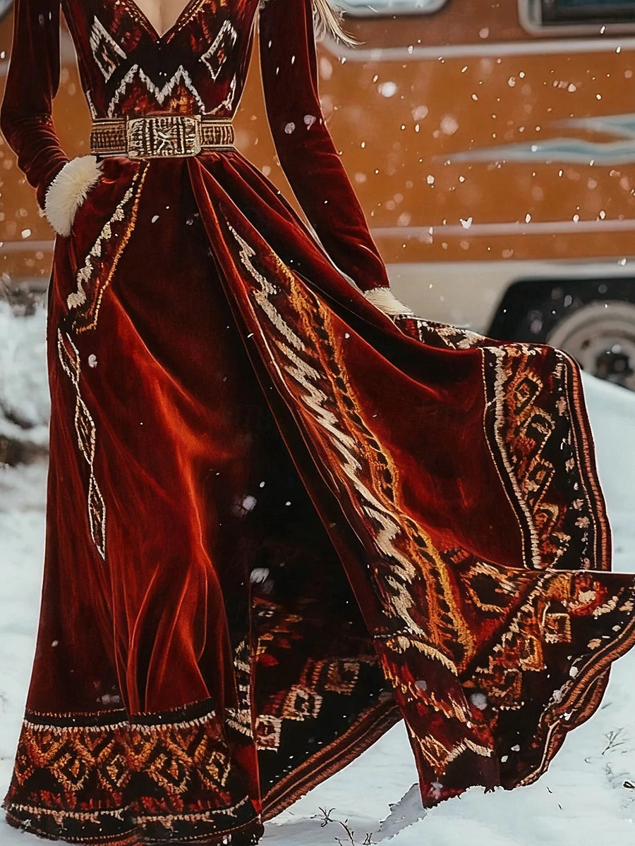 Women's Christmas Velvet A-Line Maxi Dress – V-Neck Long Sleeve Ethnic Style Casual Daily Wear for Fall