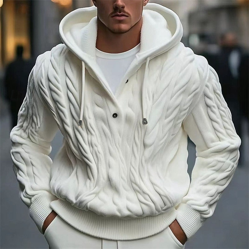Men's Hooded Cable Knit Pullover Sweater – Ribbed Knit Jumper with Buttons & Drawstring, Casual Daily Fashion for Fall