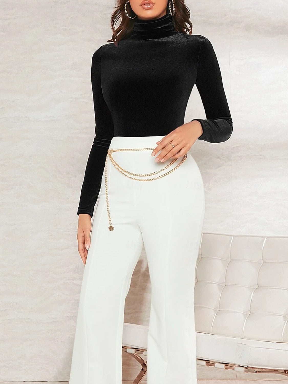 Women's Christmas Velvet High Neck Long Sleeve Top – Elegant Solid Color Dressy Blouse for Party & Casual Wear