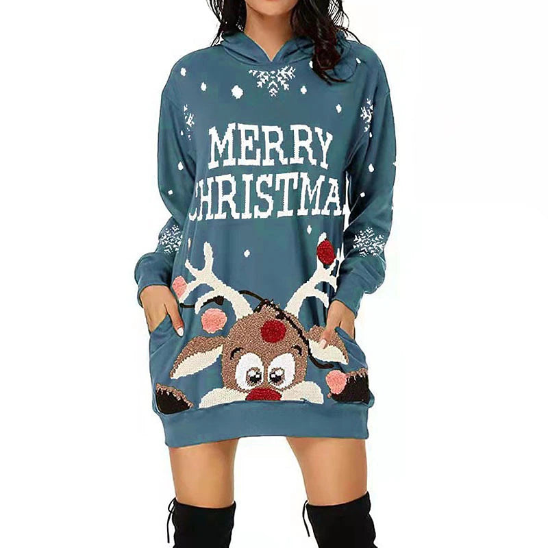 Women's 3D Reindeer Rudolph Christmas Sweater / Sweatshirt – Funny Holiday Pullover Hoodie, Festive Xmas Dress