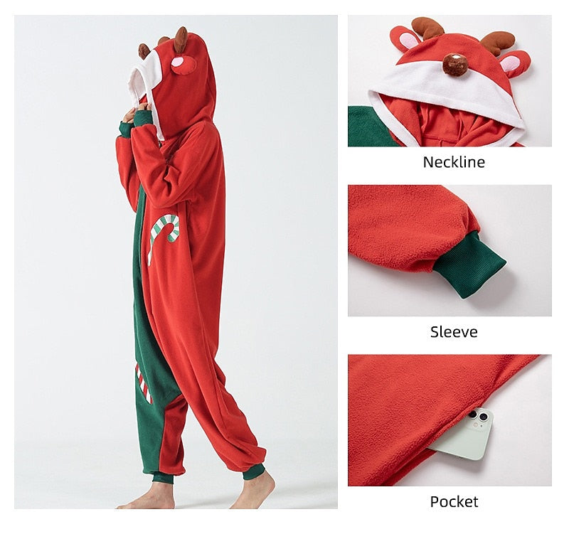Unisex Reindeer Rudolph Kigurumi Christmas Onesie Pajamas – Adult Holiday Home Wear