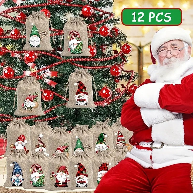 12pcs Christmas Burlap Gift Bag Set – Small Holiday Drawstring Pouches with Assorted Festive Designs, Perfect for Christmas & New Year Party Favors